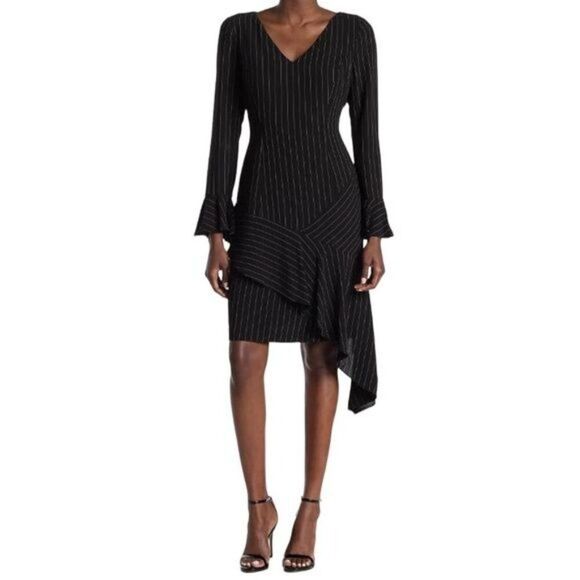 New Focus by Shani Pinstriped Asymmetrical Dress with Ruffle Hem Bell Sleeves 4 - Picture 3 of 10